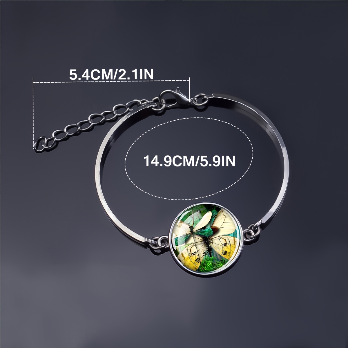 Dragonfly and Vintage Clock Motif Glass Dome Bracelet