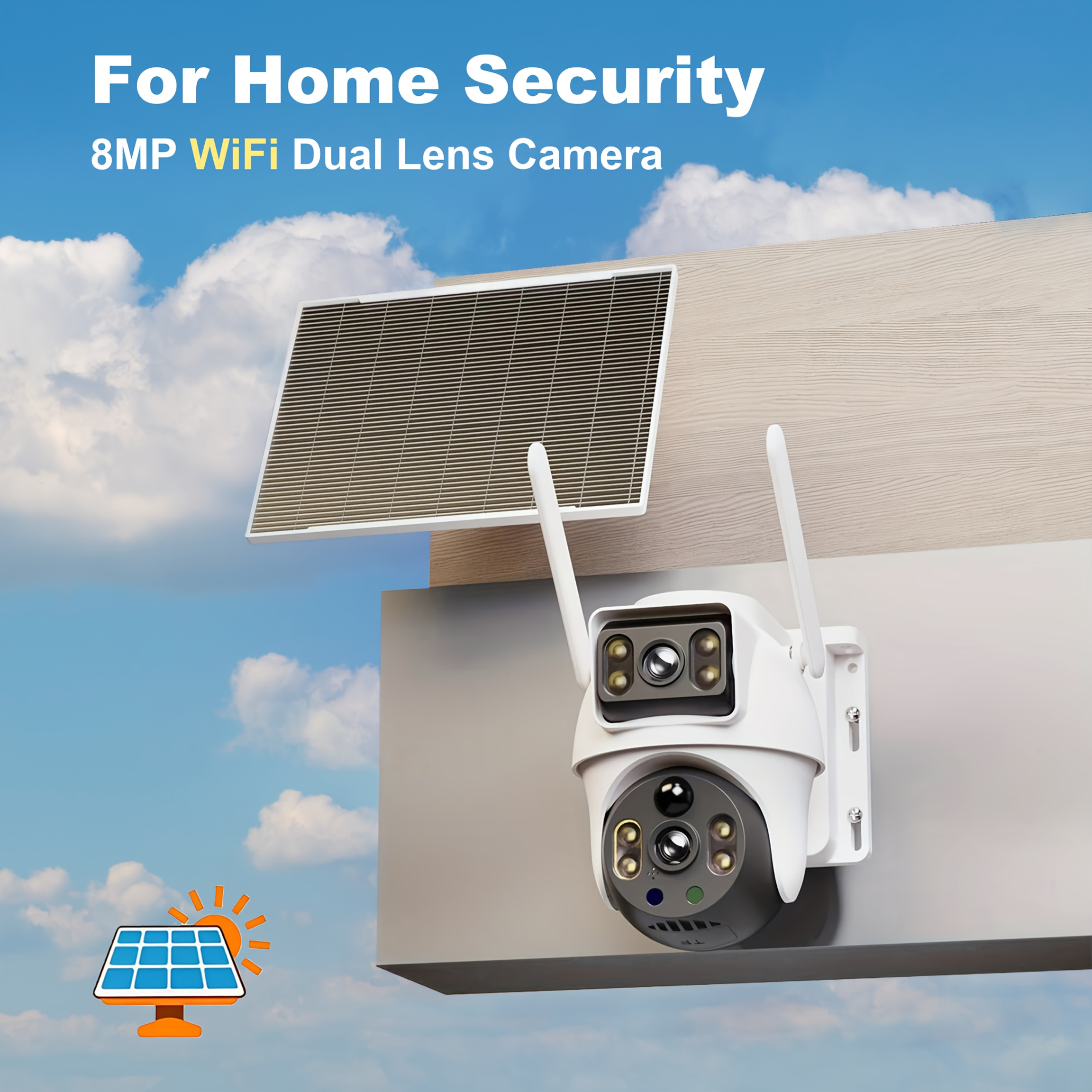 TEMU Caméra de sécurité solaire intelligente Wifi extérieure 8MP à double objectif, détection de mouvement, audio bidirectionnel, vision couleur,