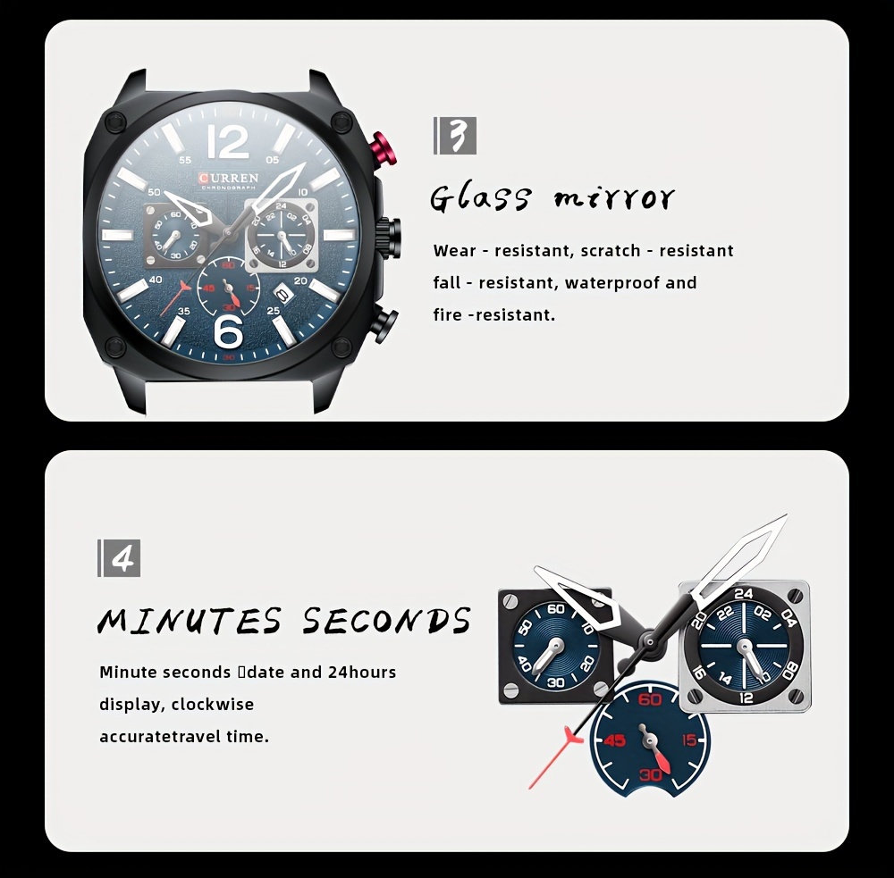 mens fashionable sports watch multifunctional chronograph quartz luminous hands date display   alloy case square dial electronic movement silicone strap   details 3