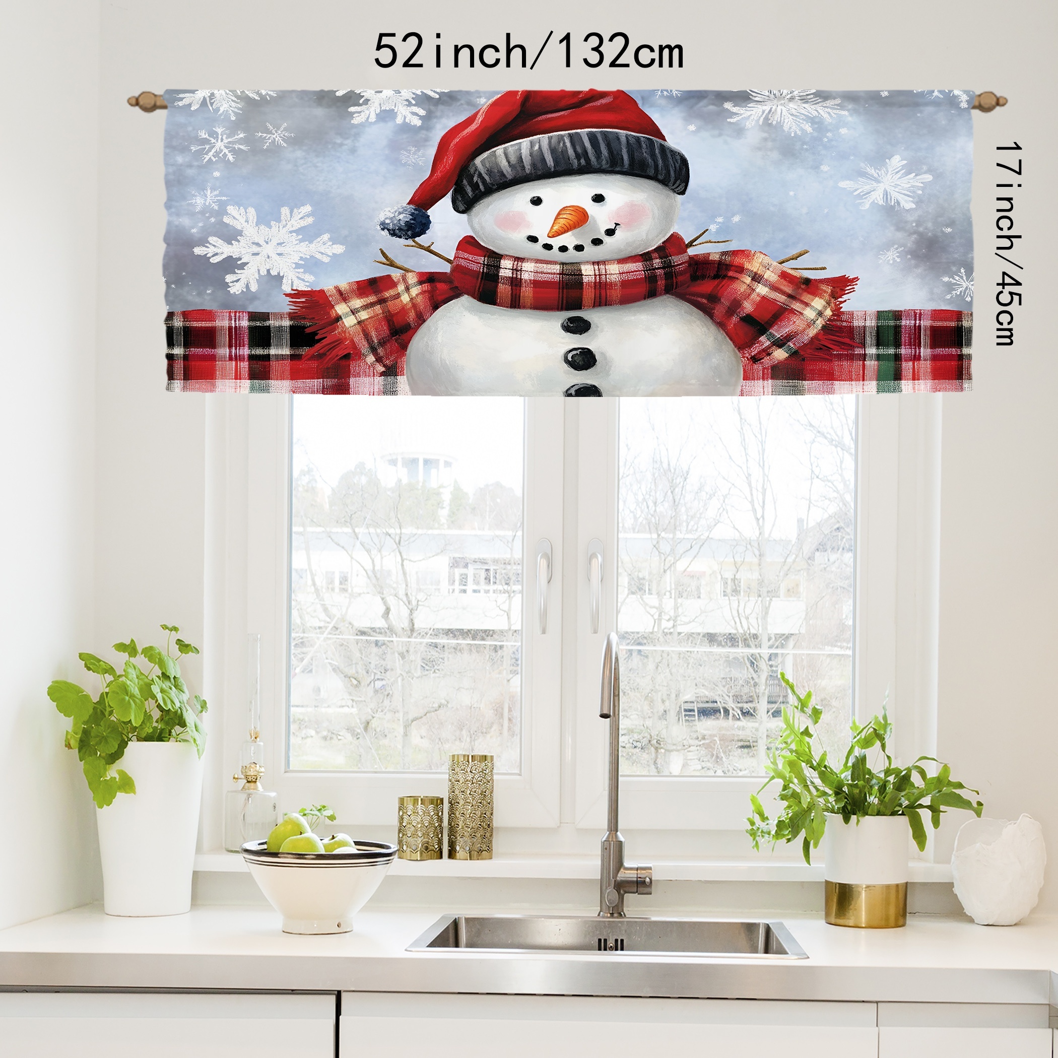 

Christmas Valance - Snowman & Red Bow, Rod Polyester Curtain For Dining, , , -