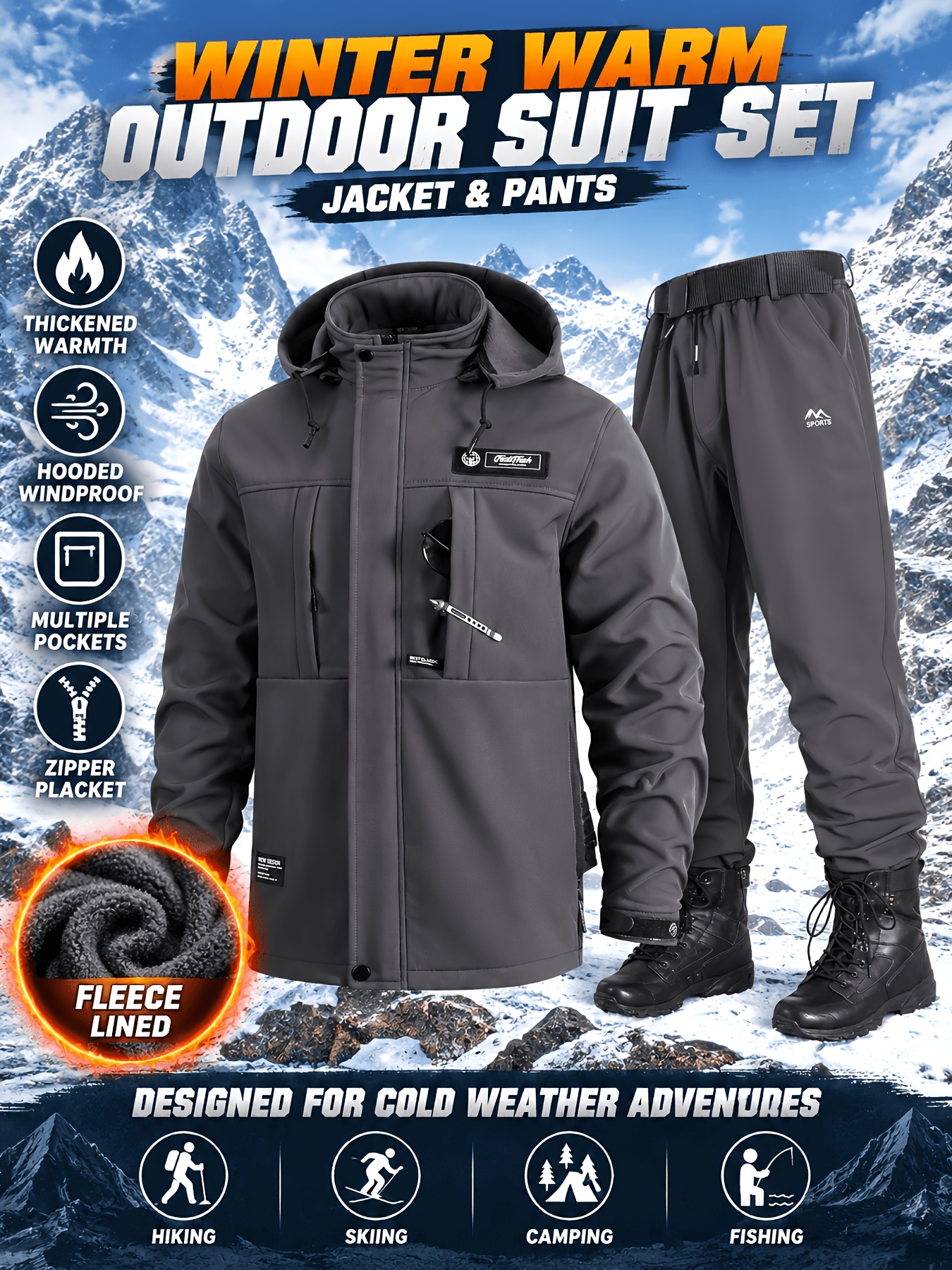 Men's Hooded Jacket & Thermal Pants Set for Cold Weather Activities