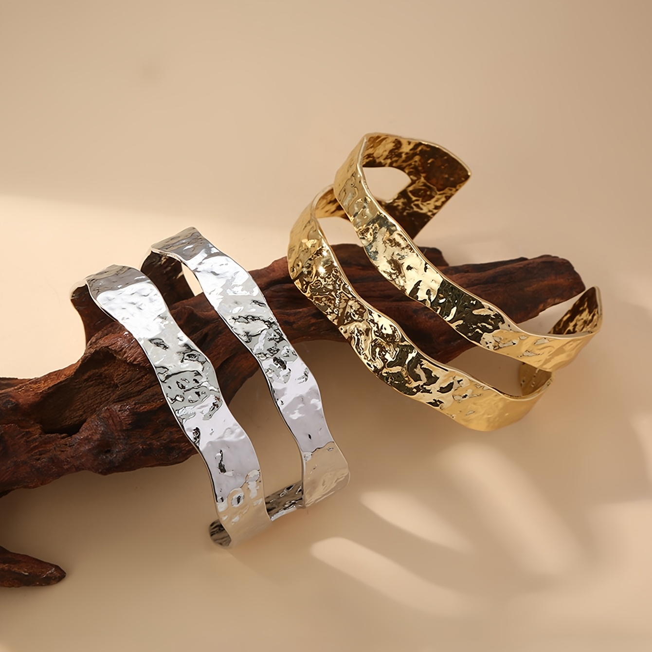 Metal-textured Irregular Hammered Openwork Bangle Bracelet