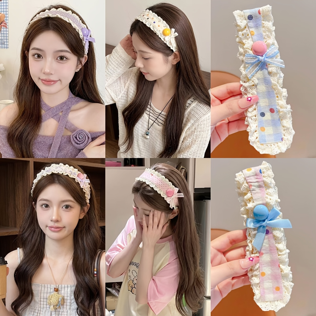 TEMU 6pcs Sweet Messy Hair Artifacts Long Wide Band Forehead Hook-and-loop Headband Cute Bow Floral Bangs Sticker Hair Patch Headband Washing Outing