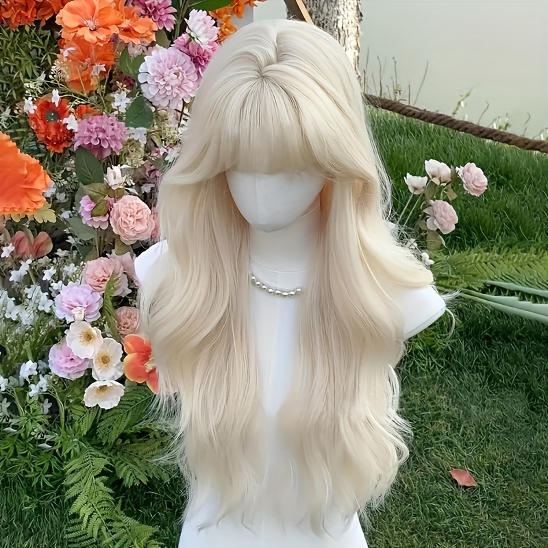 

All-head Full Wig, Unisex, Elegant Style, 100% Heat Resistant Fiber, Curly Wave, Cap, Blond With Bangs, Comfortable For Daily Use, Parties, Festivals - 1pc