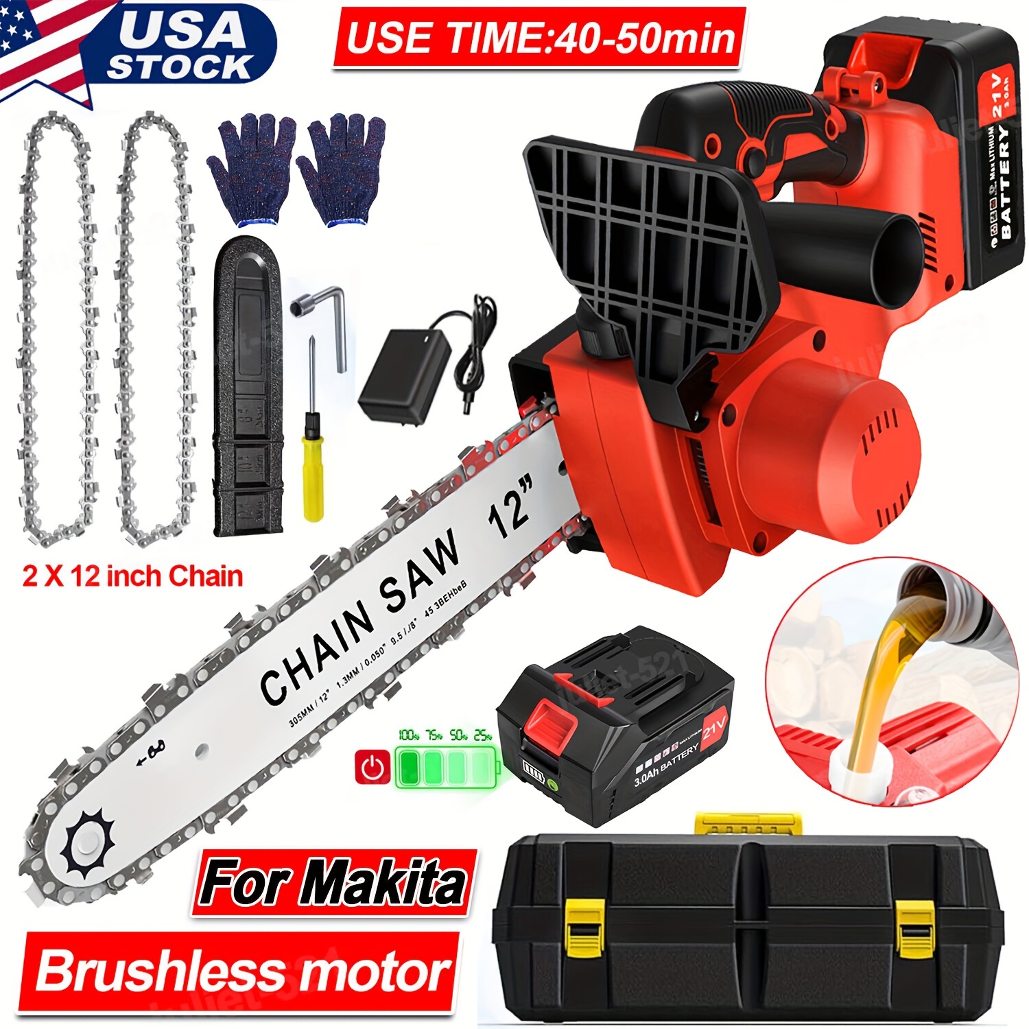 

21v 3000mah Cordless Brushless Electric Chain Saw Kit, 12 Inch [gardener Friendly] Handheld Rechargeable Chain Saw With Battery For Wood, Tree Cutting