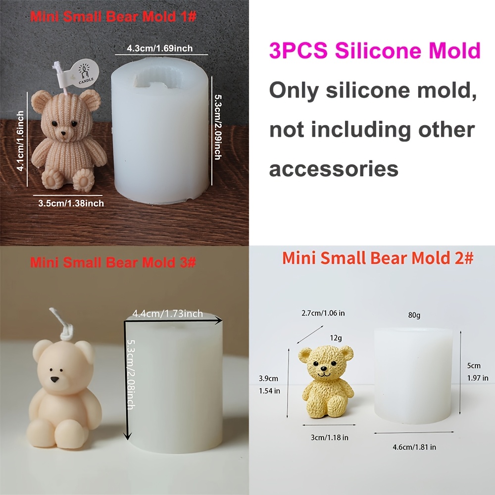 E-shop 3er-Set Mini Bär Silikon Kerzenformen Niedliche Teddybär Duftwachsform für Kerzen- und Seifenherstellung, Heimdekoration, Gipsornamente,