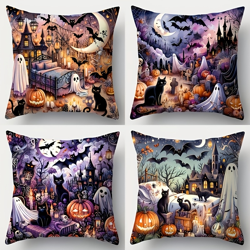 TEMU 4pcs Double-sided Halloween Pillow Covers, Black Cat Pumpkin Polyester Cushion Covers 16/18/20in Zipper Washable, No Pillow Inserts