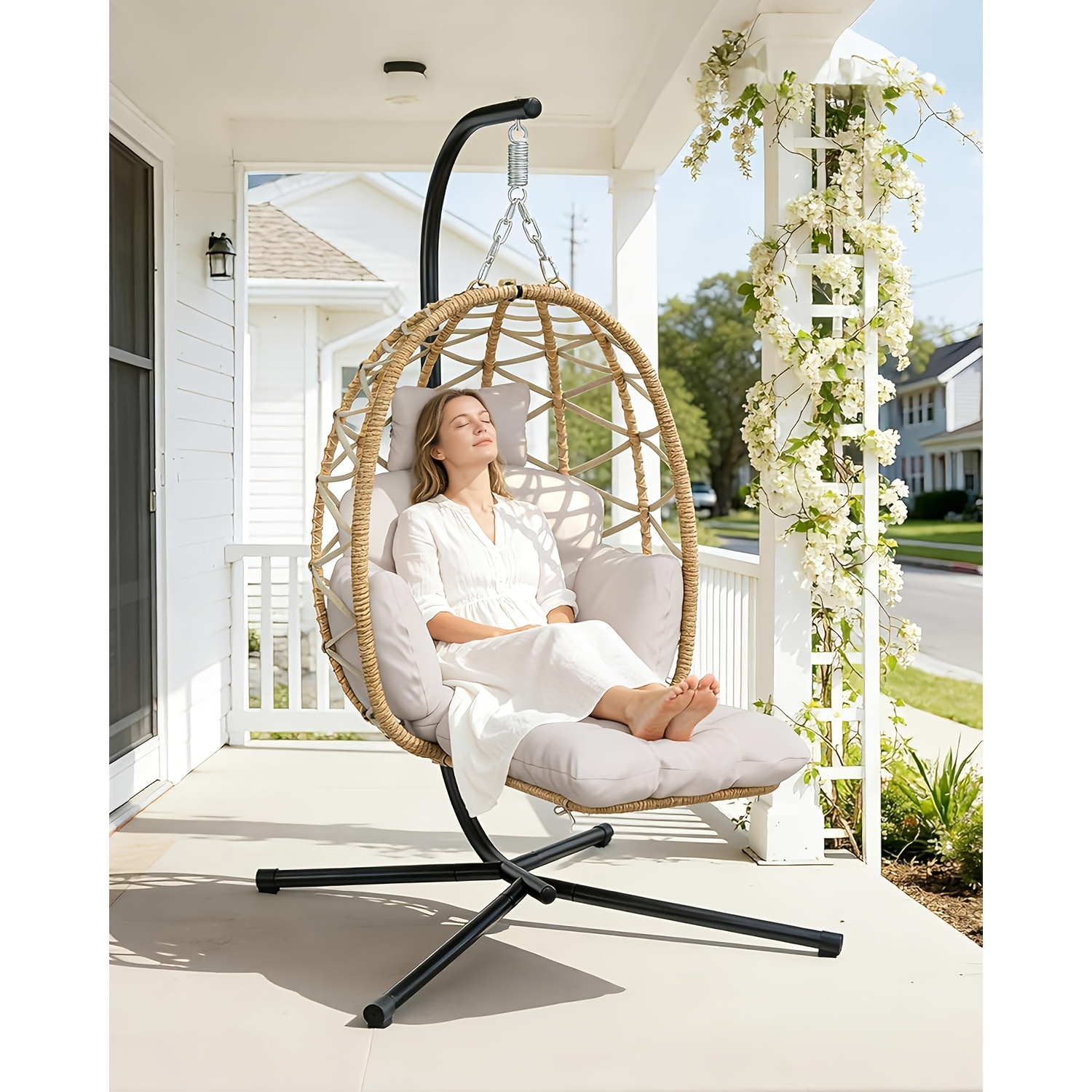 Image of Egg Hanging Chair With Cushion, Indoor Outdoor Rattan Swing Basket Chair, Ergonomic Hammock Chair For Garden Balcony Patio, 150kg Load
