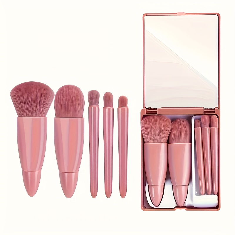 

5pcs Mini Makeup Brush Set - Portable Travel Kit With Mirror, Polyester , Palm Brush Shape, Suitable For Types, Abs Plastic Handle, Ideal Gift For