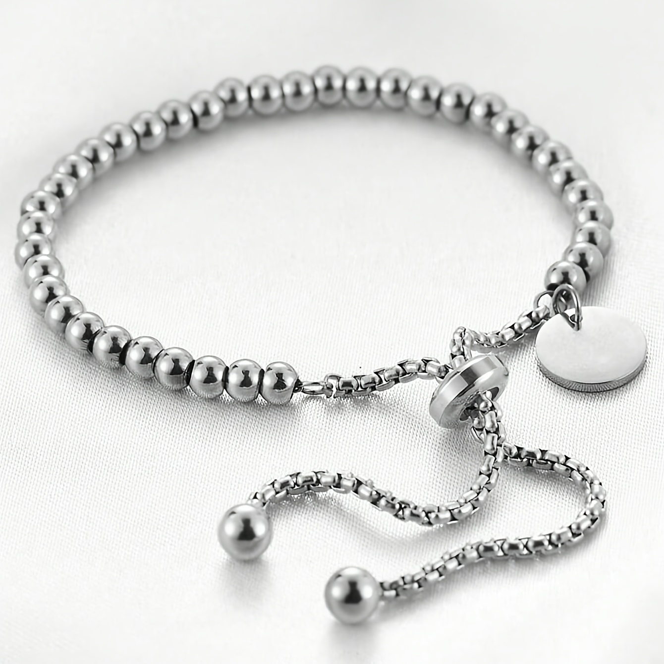 E-shop Edelstahl Silberfarbene Perlen Armband für Damen Einfaches Rundes Charm Armband Verstellbare Slider Kette Design Hand Schmuck Geschenk für