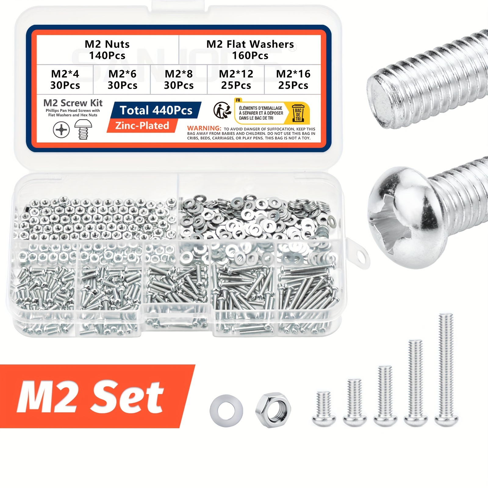 

440pcs M2 Screws Bolts And Nuts Assortment Kit, Metric Machine Screws & Nuts & Bolts & Flat Washers, Phillips Slotted Pan Head Hex Bolts And Nuts Set, For 3d Printer Diy