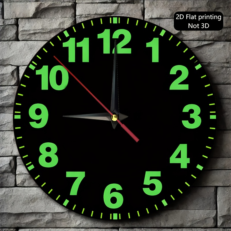 TEMU 1pc, 2d Flat Wall Clock, Black With Green Numbers And Markers, Suitable For Living Room, Bedroom, Office, Kitchen, Study Decoration