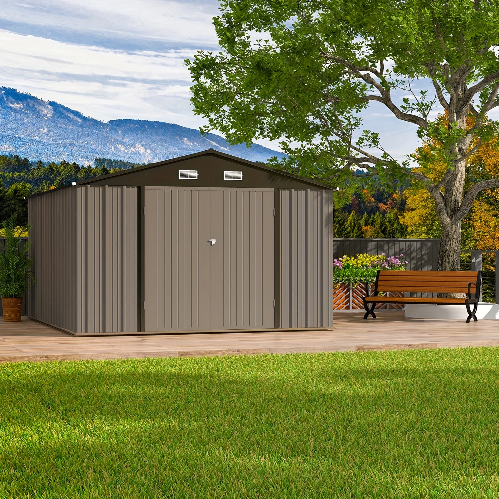 

10' X 12' Outdoor Storage Shed, Large Metal Garden Toold Shed With Lockable Doors For Patio, Backyard And Outside Use