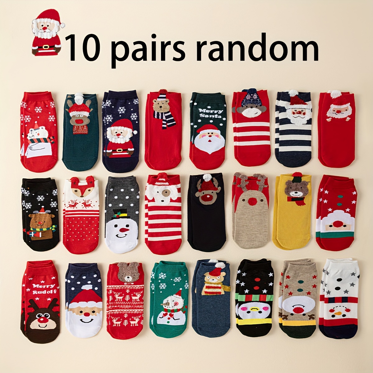 Image of 10-pair Pack Of Children's Christmas Socks Featuring Snowmen, Reindeer, And , Versatile And Casual, Suitable For Christmas Gifting Or Outfits, Colors