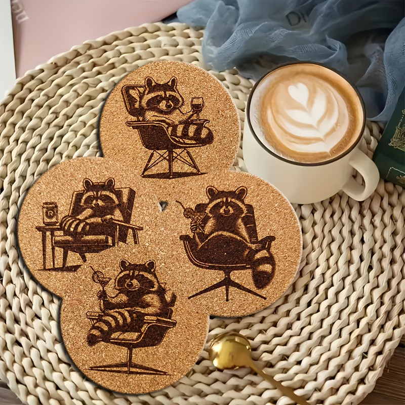 Image of 4pcs Raccoon-themed Wooden Coaster Set - Heat-resistant And Non-slip - Suitable For Coffee, Tea, And Beverages - An And Office Decoration, Perfect For Fans And A For Holiday Gifts