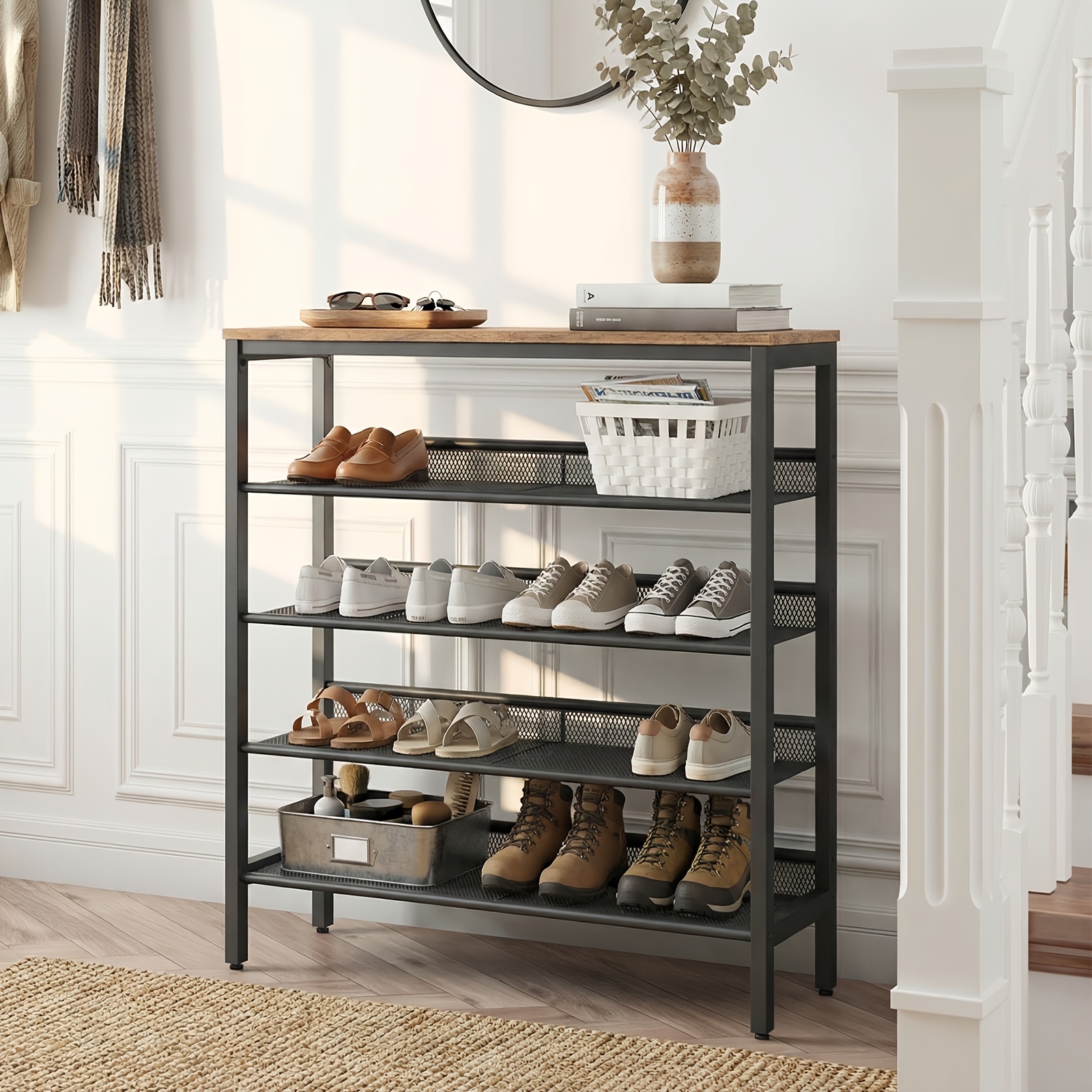 TEMU Adjustable 5-tier Iron And Wood Shoe Rack - Durable Golden Metal Construction, Sturdy Shoe Storage Rack, Perfect For , Entrances, And Bedrooms