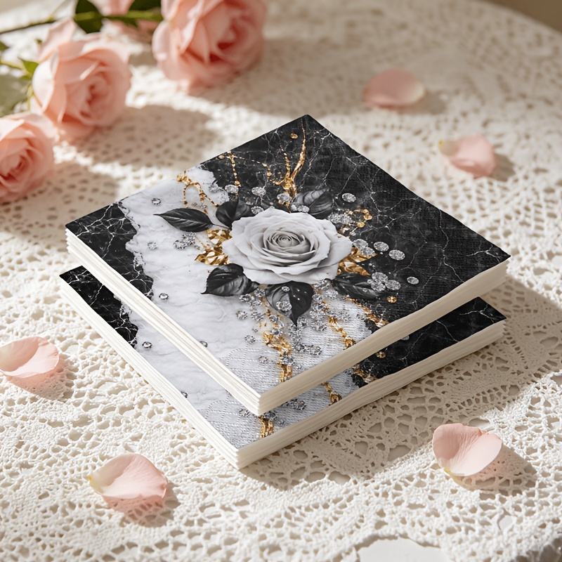TEMU 20pcs And Pattern Napkins With Exquisite White Rose Print, Sparkling Golden And Silvery Accents, Double-layer Thickened Embossed Edges, Soft And