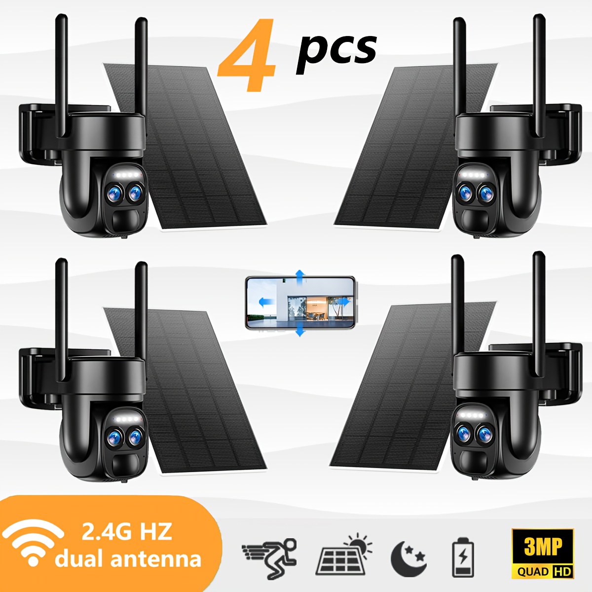 TEMU Set Of 4 Hawkray Solar Security Wireless Outdoor Cameras, 3mp Resolution With 360° Pan And Tilt Control, 10x Zoom, Audio, Spotlight Siren, And