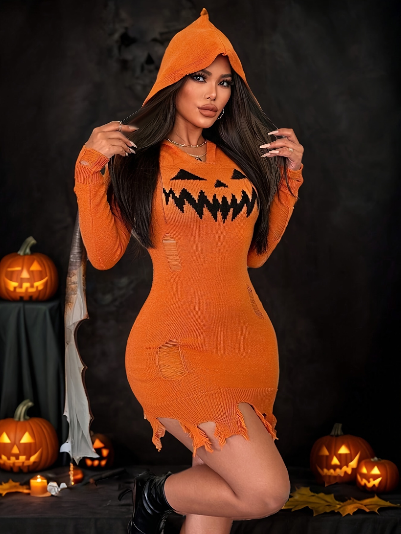 womens solid color hooded halloween dress distressed pumpkin