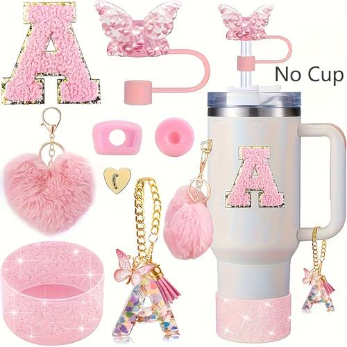 item picture 8pcs cup accessories for 40oz 30oz tumbler straw cover cap silicone spill proof stopper silicone boot letter charm chain sticker heart pompoms hairball charms for camping ideal valentines day gift mothers day gift no cup