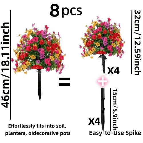 8pcs flores artificiais de exterior estilo realista e vívido com estacas , adequadas para casa, hotel, escritório, casamento e inauguração de casa, decoração de jardim exterior, decoração de cemitério