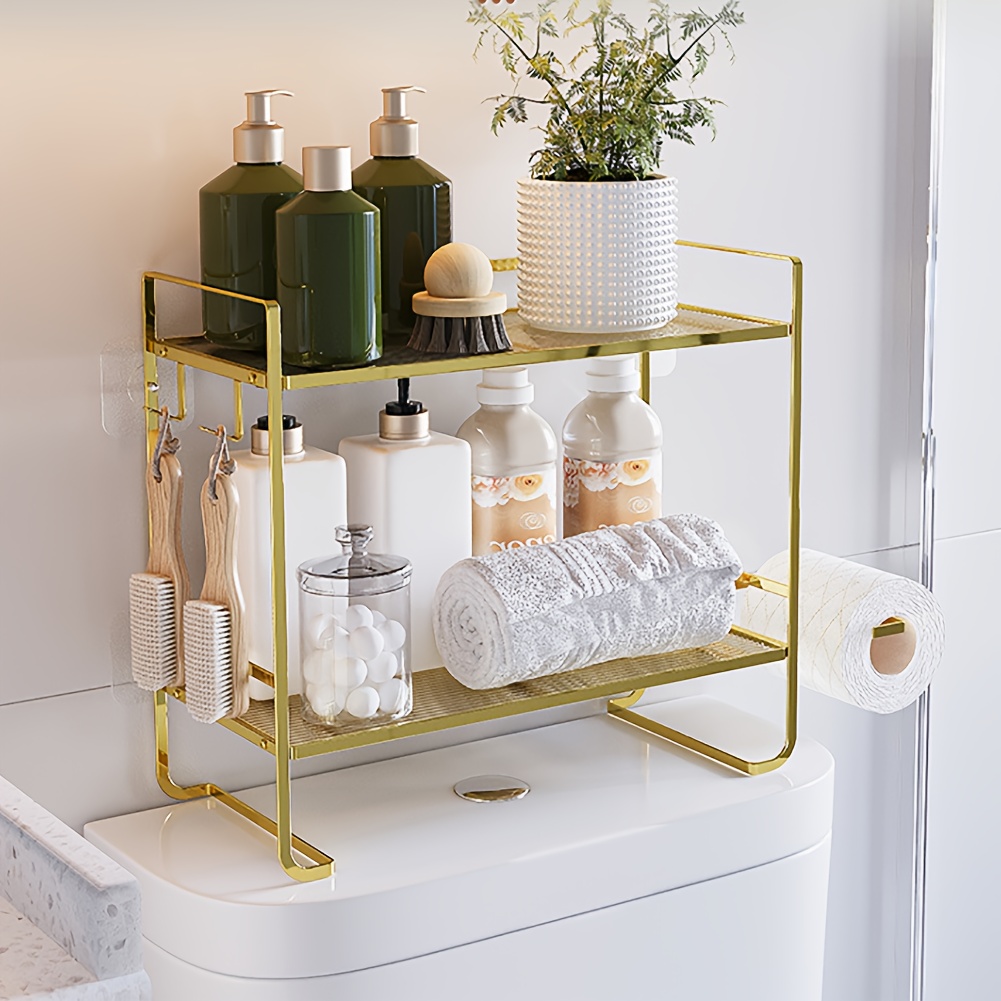 1pc Bathroom Storage Rack, Shelf, Tissue Holder, Punch-free, Golden/silvery/black