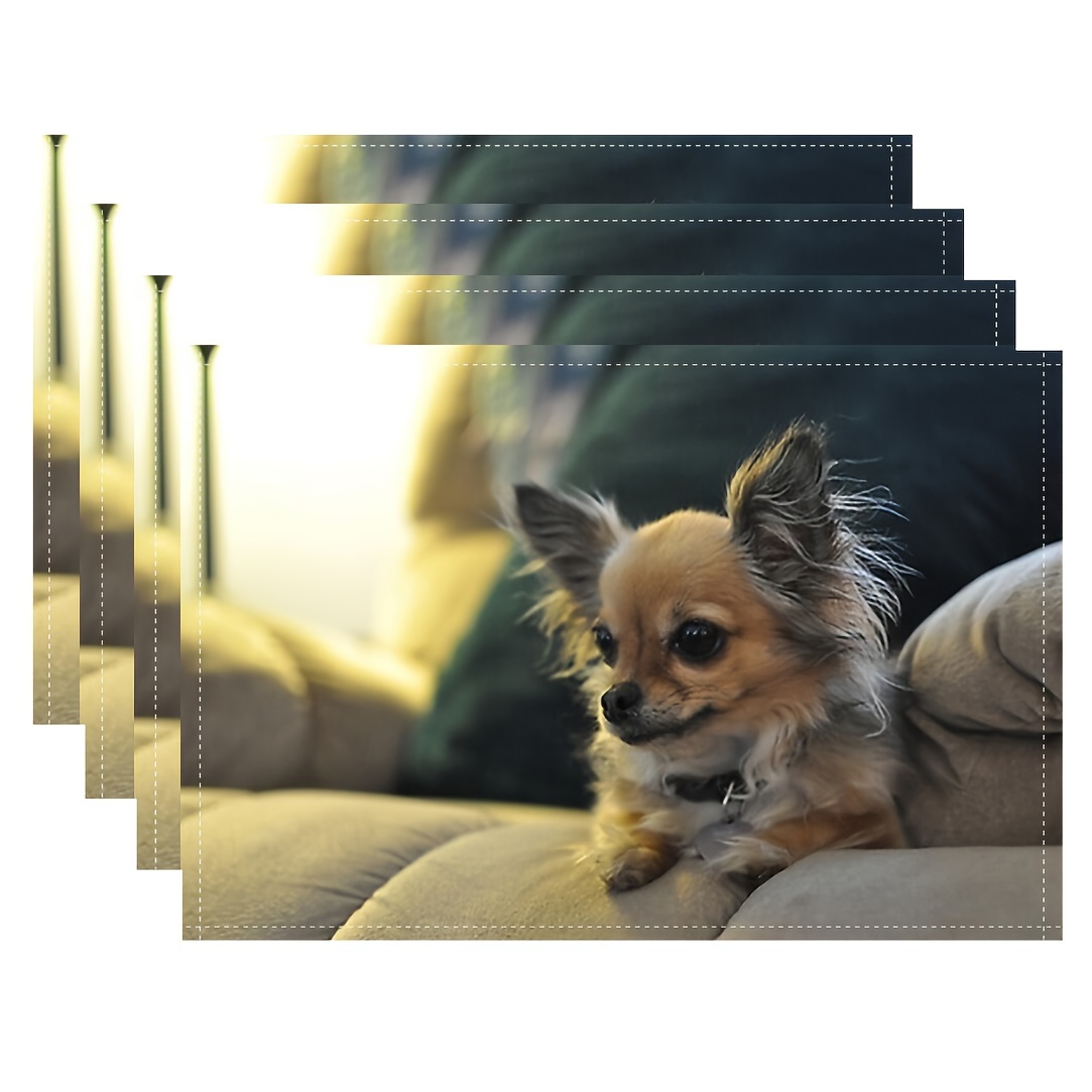 

4-pack Linen Place Mats With Long Haired Chihuahua Design, Machine Washable, Woven Rectangle Table Mats For Indoor And Outdoor, Decor 12x18" - Jit