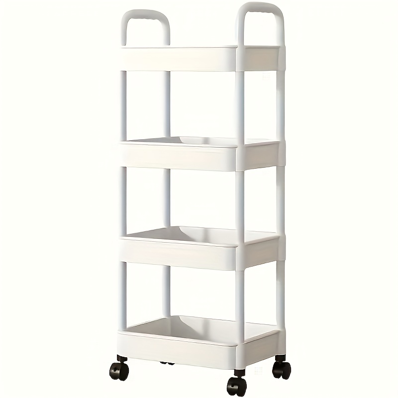 suitable for 12 months and up heavy duty 4 tier rolling storage cart all terrain wheel mobile organizer compact space saving design sturdy plastic construction suitable for home   garage requires simple assembly multi layer Product details 4