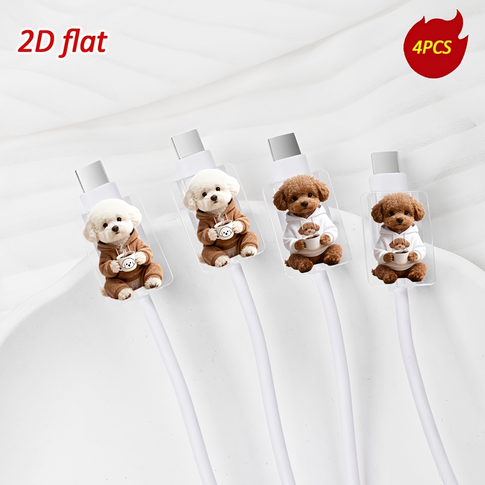 TEMU [ 2D] Juego de 4 protectores de cable con adorable de perros Bichón y Teddy sosteniendo café, antirrotura, antiarañazos, protector de cable de