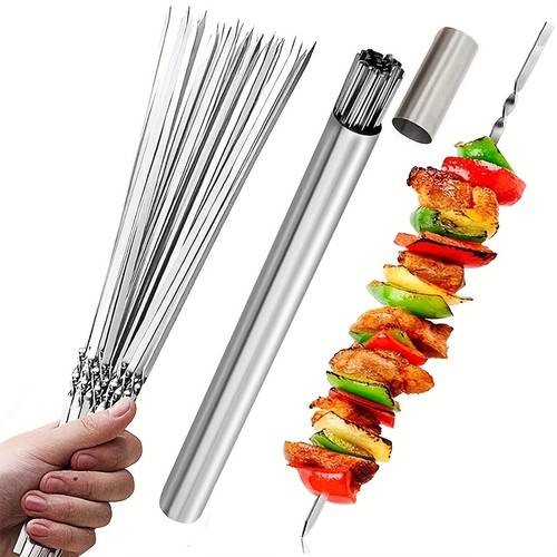 15pcs of stainless steel skewers and 1 storage tube for barbecuing reusable grill skewers for kebab and camping flat forks gadgets