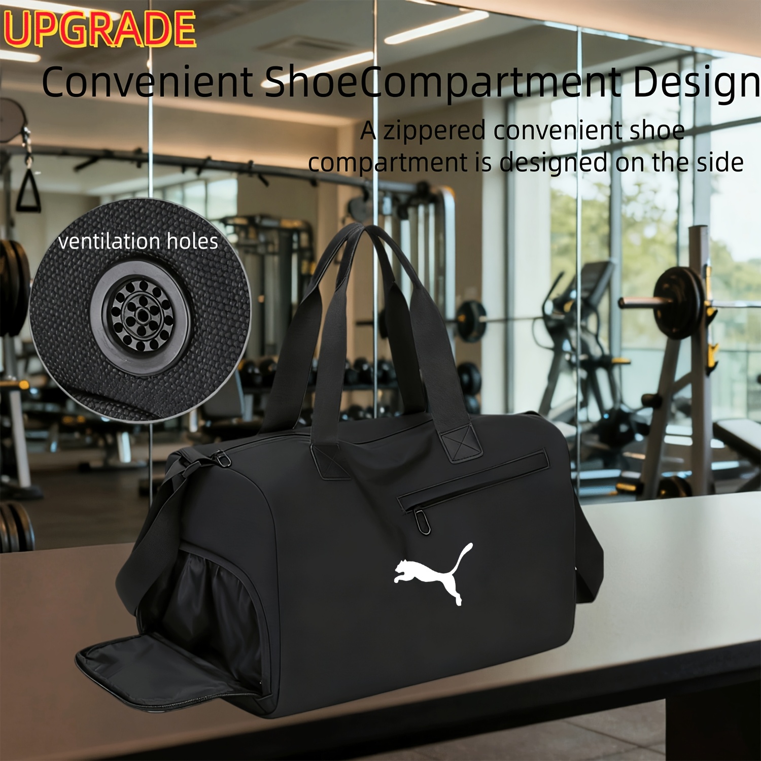 PUMA Logo Print Gym Bag, Professional Wet & Dry Separation, Extra Large Capacity, Unisex Lightweight Sports Bag, Street Fashion, Short & Long Distance Travel, Crossbody Sports Style Luggage Bag