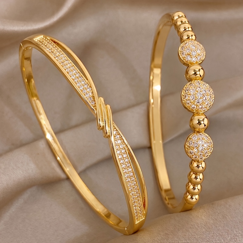 2pcs Golden-Tone Stainless Steel Bangle Set, Twisted Flow Design
