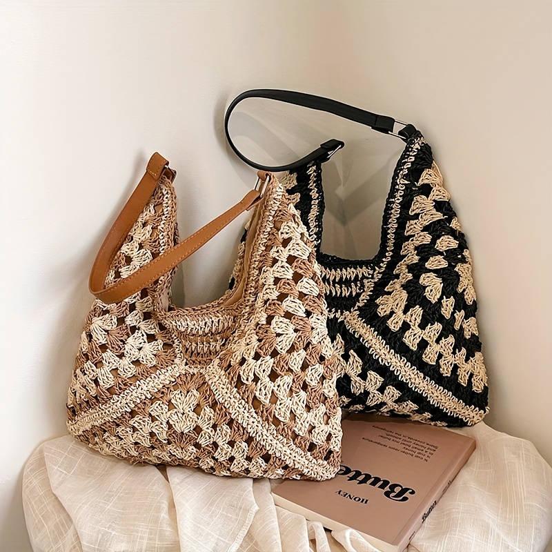 Visually Appealing Black Beige Woven Beach Tote Bag for Women Large  Single Shoulder Straw Bag with Magnetic Closure Spring Summer Outfits, 