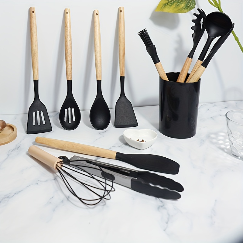 popular   12pcs silicone kitchen utensil set wooden handle silicone cookware set suitable for kitchen cooking a set of heat resistant and non pot damaging kitchen utensils wooden cookware kitchen utensils silicone tableware set kitchen tools with storage bucket details 3