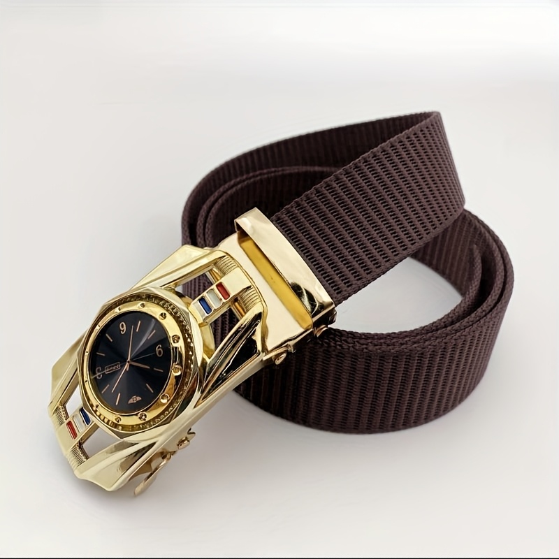 Men'S Casual Outdoor Belt with Watch Face Design - Golden Tone Alloy Buckle, Black Dial with Roman Numerals, Red Second Hand, and Date Display, Breathable Nylon Strap, Automatic Buckle, Casual Attire Accessory|Watch Face Design Belt|Durable Nylon Strap, Casual Belt