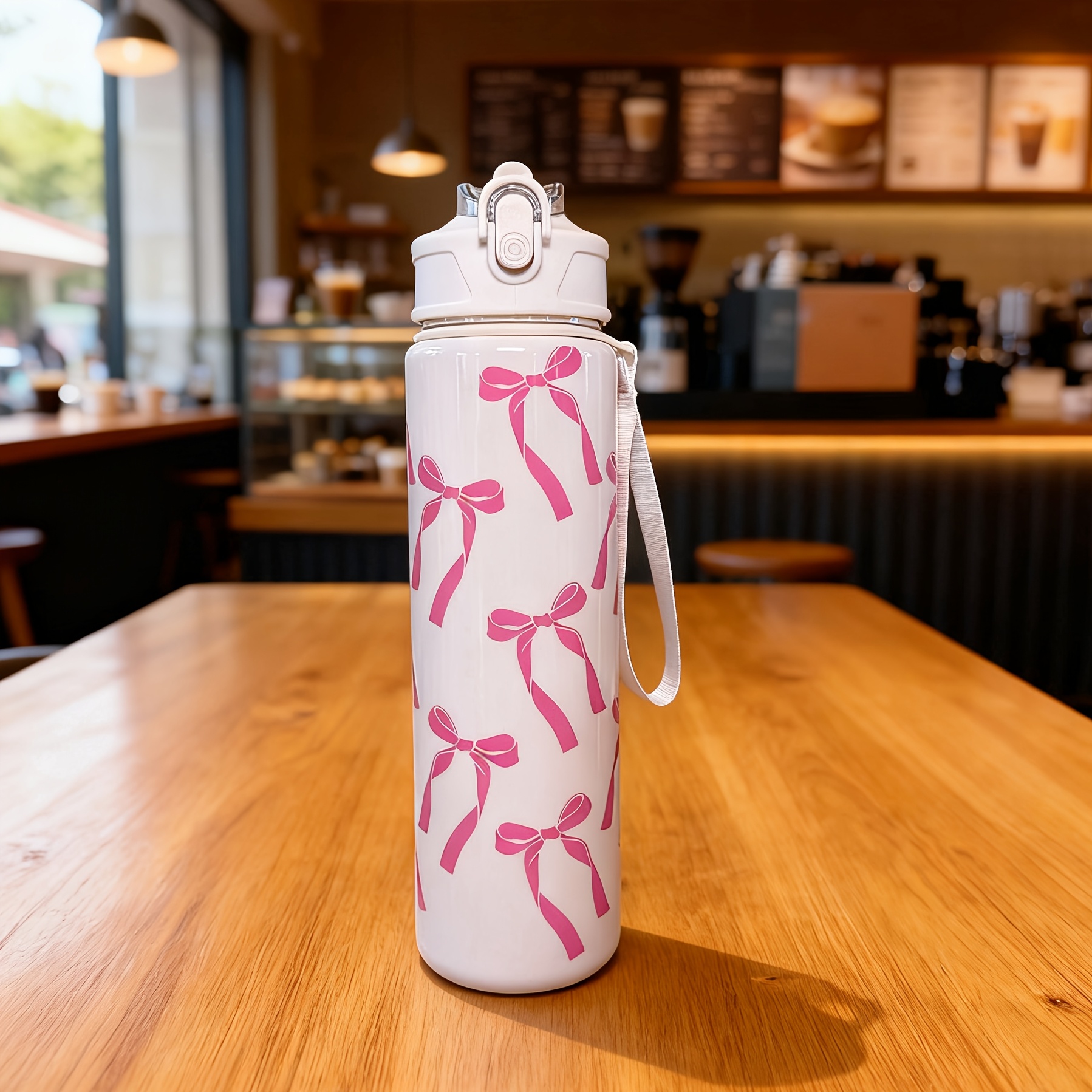Image of 700ml Cute Pattern Plastic Water Bottle For Travel, Sports, And Fitness, With Carrying Strap, Straw, Leak-proof, Large Capacity