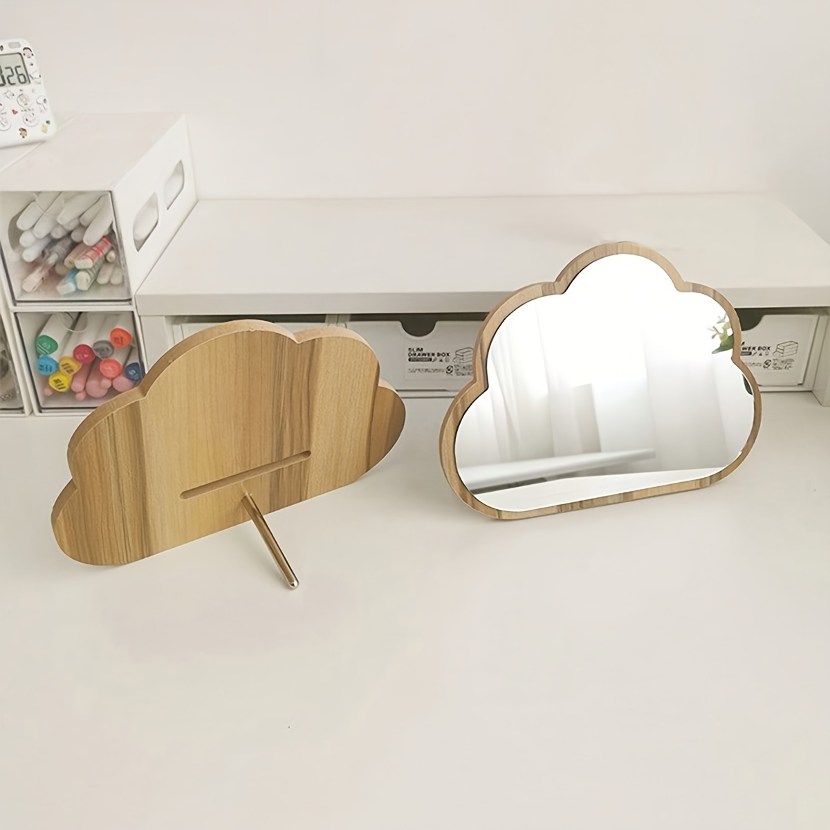 

1pc -shaped Wooden Makeup Mirror - Hd, Portable & Shatterproof For Dorms And Bedrooms