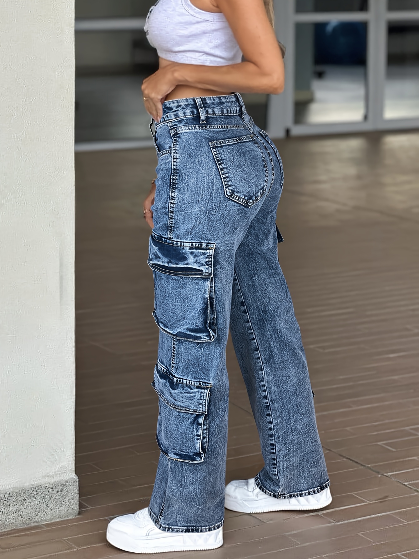 25AW Women'S Casual High-Waisted Cargo Pants with Multiple Pockets - Stretchy, Loose Fit, Mid-Waist Gray Jeans, Ideal for Everyday Wear, Comfortable Clothing|Casual Style Pants| Medium Stretch Fabric