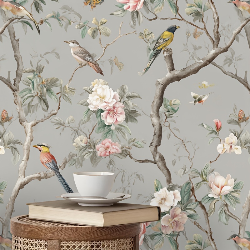 1 roll hand painted chinese style floral and bird self   wallpaper vinyl material peel and stick wallpaper durable and removable rustic floral butterflies and birds decorative wall decals home decor living room   makeover