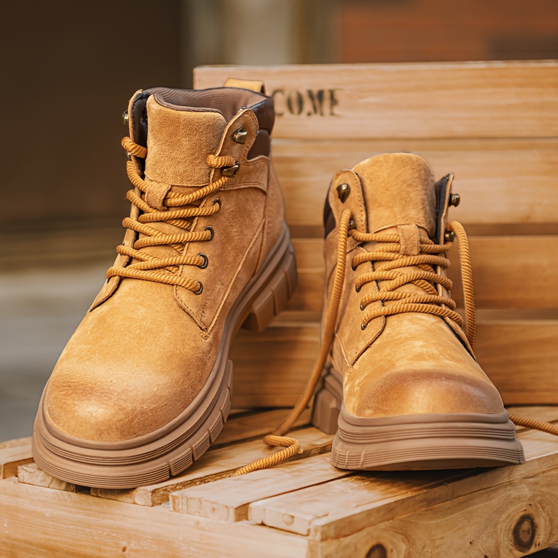 mens womens high top work boots winter autumn outdoor boots with anti slip rubber sole heavy duty upper round toe lace up closure golden khaki eu 39 45 ideal for hiking camping construction   all terrain traction   construction footwear rugged design reinforced stitching sturdy build construction workers