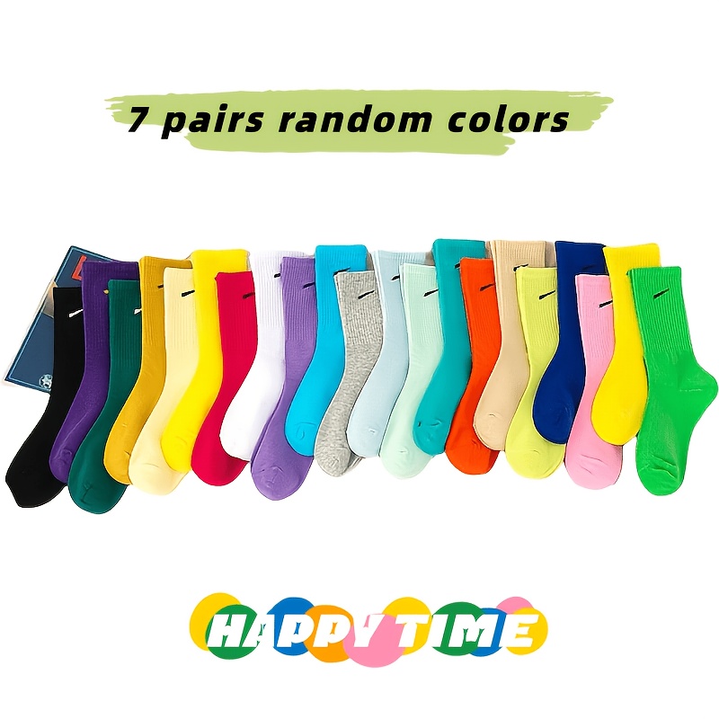 TEMU Random 7 Pairs Of Colors, Spring Summer Solid Fashion Mid-calf Socks, Daily Casual Versatile Athletic Socks, Breathable Comfortable Mid-calf