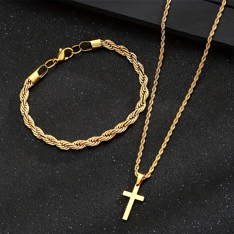 Image of 2pcs Simple Casual Fashion Men' Steel Cross Pendant Bracelet Necklace Set