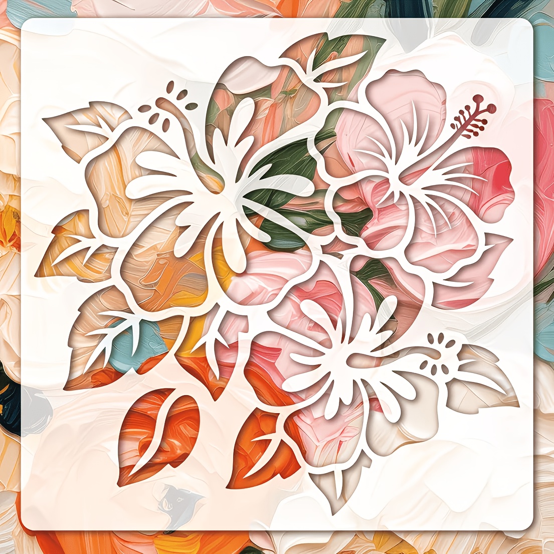 1 hibiscus flower painting stencil 20 x 20cm reusable square flower and leaf plant washable template for painting on wood floors walls and tiles