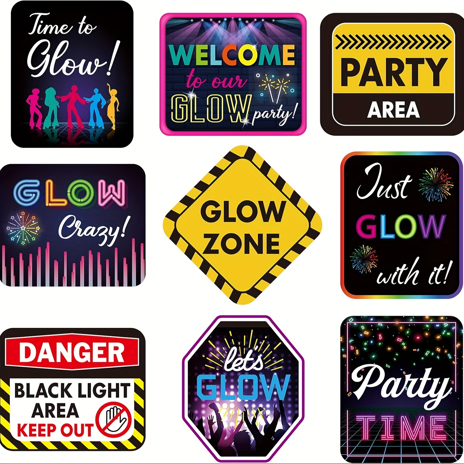

9 Pcs Glow In The Dark Party Signs, Neon Theme Birthday Decorations, Black Light Paper Cutouts, Solid Color Pattern, Popular Characters Theme, General Fit For All Occasions