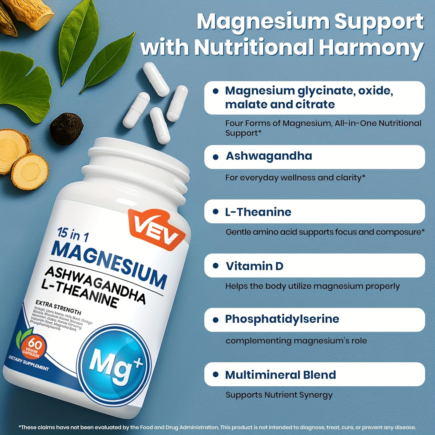 Stress Manager Capsules with Rhodiola, Ashwagandha & Magnesium for Mood, Sleep & Cortisol Balance, 60 Count
