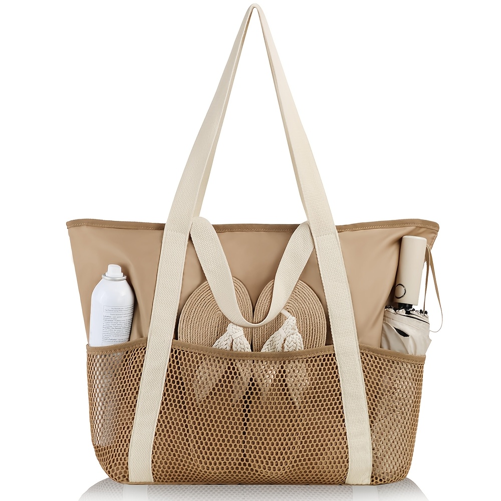 TEMU Large Beach Bag Foldable Tote Bag For Women With Zipper Mesh Pockets For Pool Swim Travel Vacation Essentials Everyday