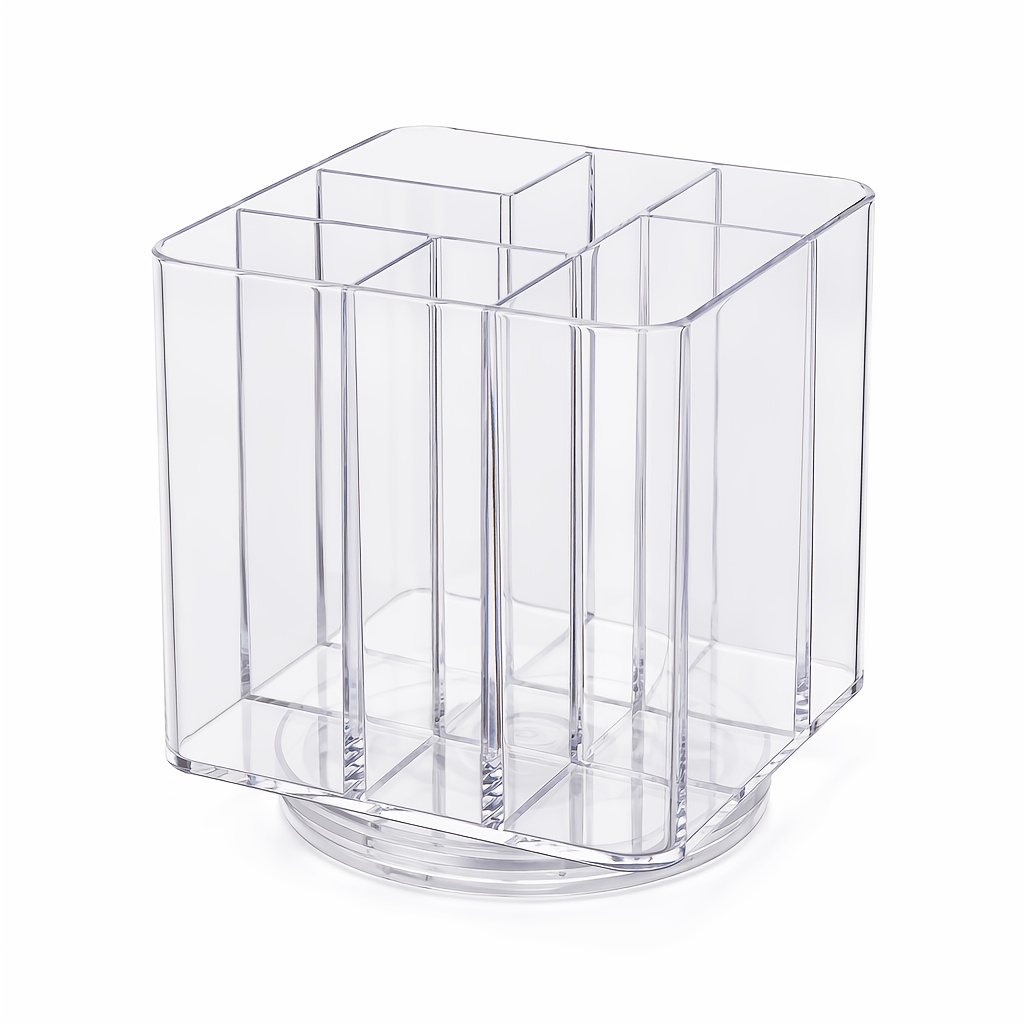 TEMU 360 Degree Rotating Clear Acrylic Desk Organizer, 6 Compartments Spinning Storage Caddy, Rotatable Pen Holder For Makeup Brushes, Office