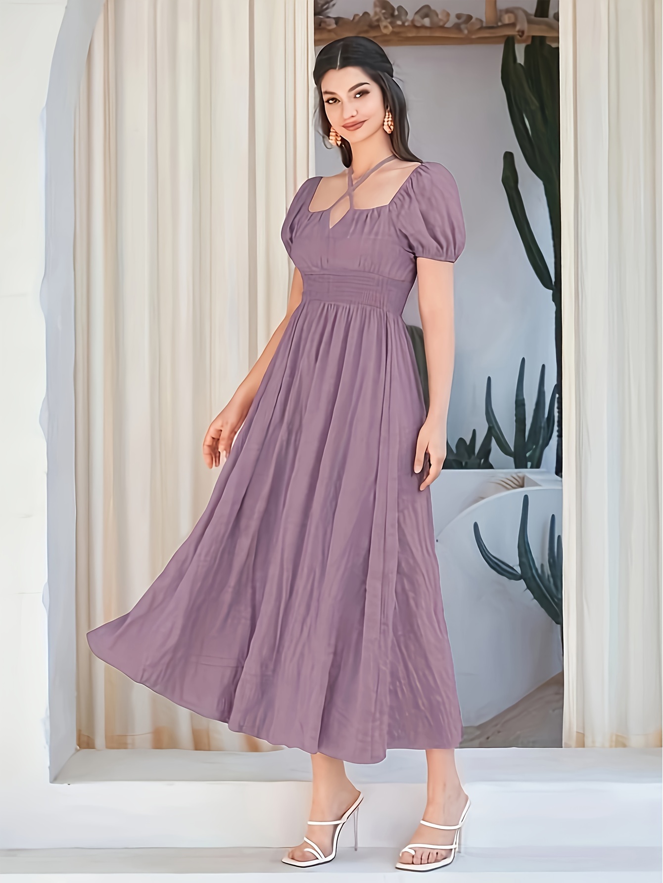 High Split Lantern Sleeve Dress Elegant Solid Aline Square - Temu