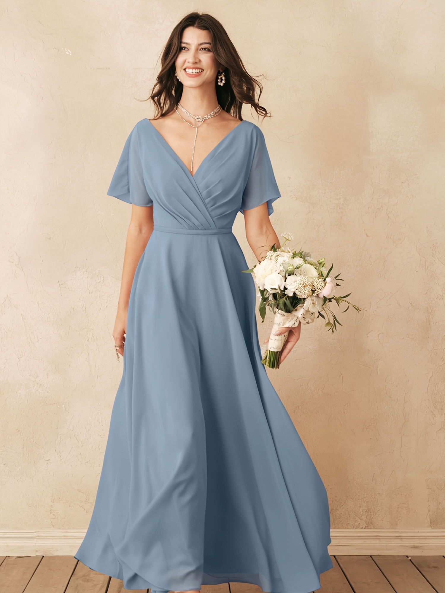 Plus Size Wrap V neck Bridesmaid Dress Chiffon Long - Temu