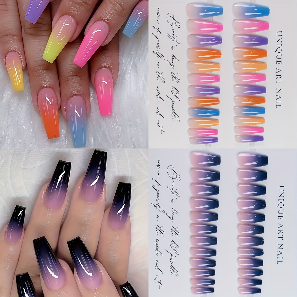 TEMU 48pcs Long Ballet Press On Nails Rainbow Gradient Full Cover Fake Nails For Women Girls Diy With Jelly Glue Nail File Soft Clay And Rhinestones
